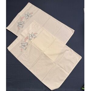 Vintage Embroidered Butterfly Pillowcase Pair White Muslin Standard Set USA Made